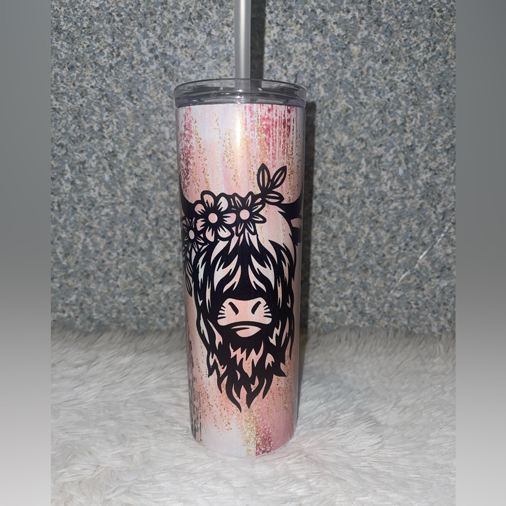 20 oz Stainless Steel Heifer with Flowers Pink Starbucks Inspired Tumbler